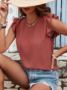 Blusa de verano para mujer con espalda cruzada, volantes y color sólido - Color caoba - Ver 4