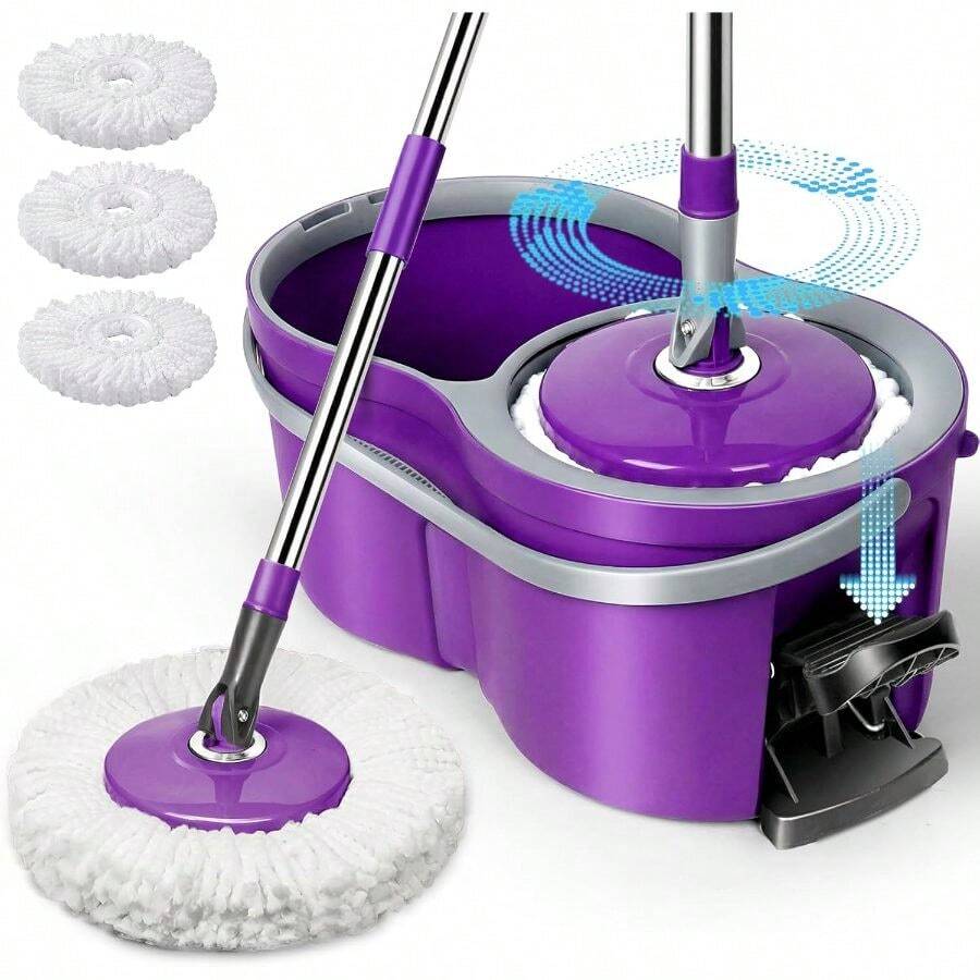 Spin Mop And Bucket With Wringer Set, 360Spinning Bucket System With 3 Reusable Pads, EasyWring Microfiber Mop And Buckets Floor Cleaning, Wet Dry Floor Mop Home Office - Màu tím - Xem 1