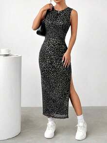 Vestido ceñido con abertura y estampado de leopardo gris sexy para mujer, moda de verano - Multicolor 2 - Ver 3