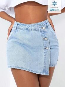PETITE Short vaquero sexy con bolsillo frontal, cruce de cintura y abotonado para mujer - Lavado ligero - Ver 8