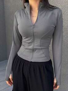 Chaqueta de manga larga sólida para mujer, ajuste delgado, minimalista ideal para primavera y verano - Gris - Ver 6