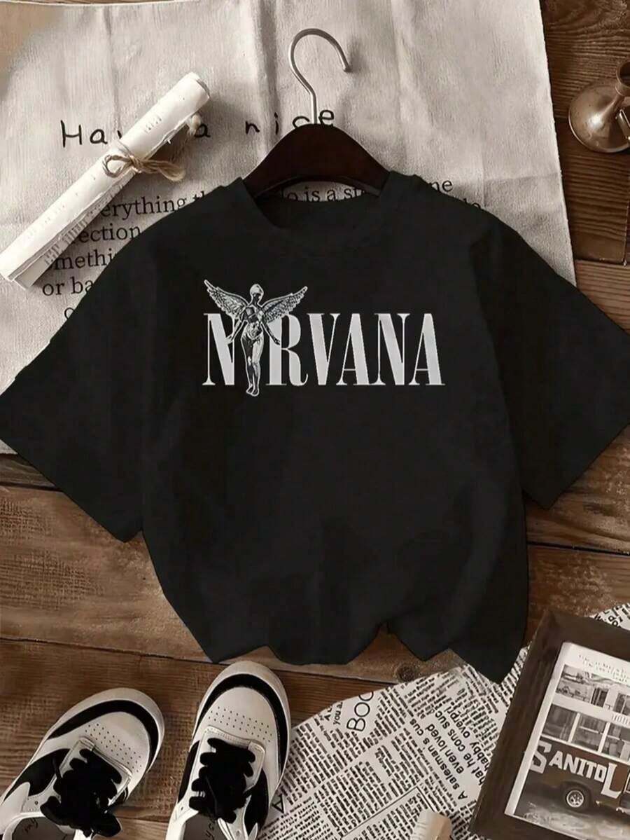 Camiseta playera T-shirt mujer cuello redondo manga corta estampado grafico musica banda NIRVANAa estilo rock cuello redondo manga corta primavera verano uso diario - Negro - Ver 1