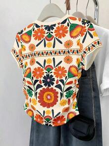 Set de 3 blusas de mujer con estampado de rayas, cuadros y gráficos, de manga corta y con efecto de cintura ceñida - Multicolor 6 - Ver 2
