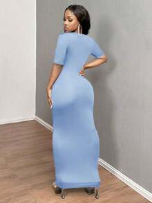 Vestido ajustado corto de manga corta con cuello en V liso para baile de graduación - Celeste - Ver 2