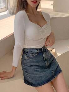 Blusa de manga larga con cuello de corazón y drapeado, ropa de otoño - Blanco 2 - Ver 4