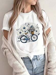 Women's Casual Short Sleeve T-Shirt - Floral And Bicycle Print, Breathable Spring/Summer Top, Nature Inspired Design, Regular Fit, Machine Washable - 白色 - 查看 2