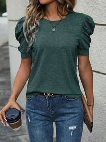 Selamara Camiseta casual de verano para mujer, de unicolor, cuello redondo y manga abullonada - Verde Oscuro - Ver 7