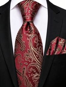 Men's Classic Fashion Tie And Pocket Square Set, Formal Occasion Wedding Business Banquet Party Decorative Accessories - Burgundy - View 1