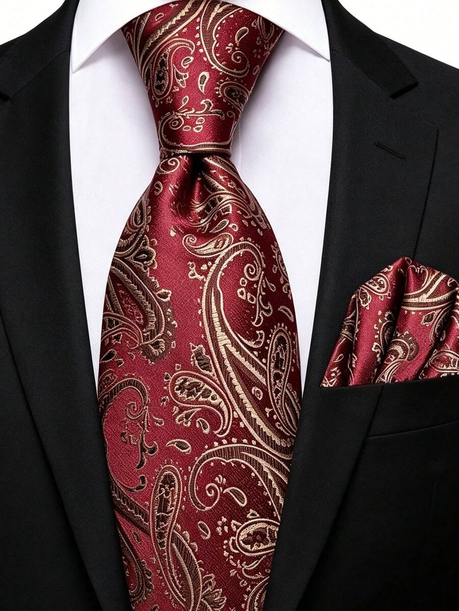 Men's Classic Fashion Tie And Pocket Square Set, Formal Occasion Wedding Business Banquet Party Decorative Accessories - Burgundy - View 1