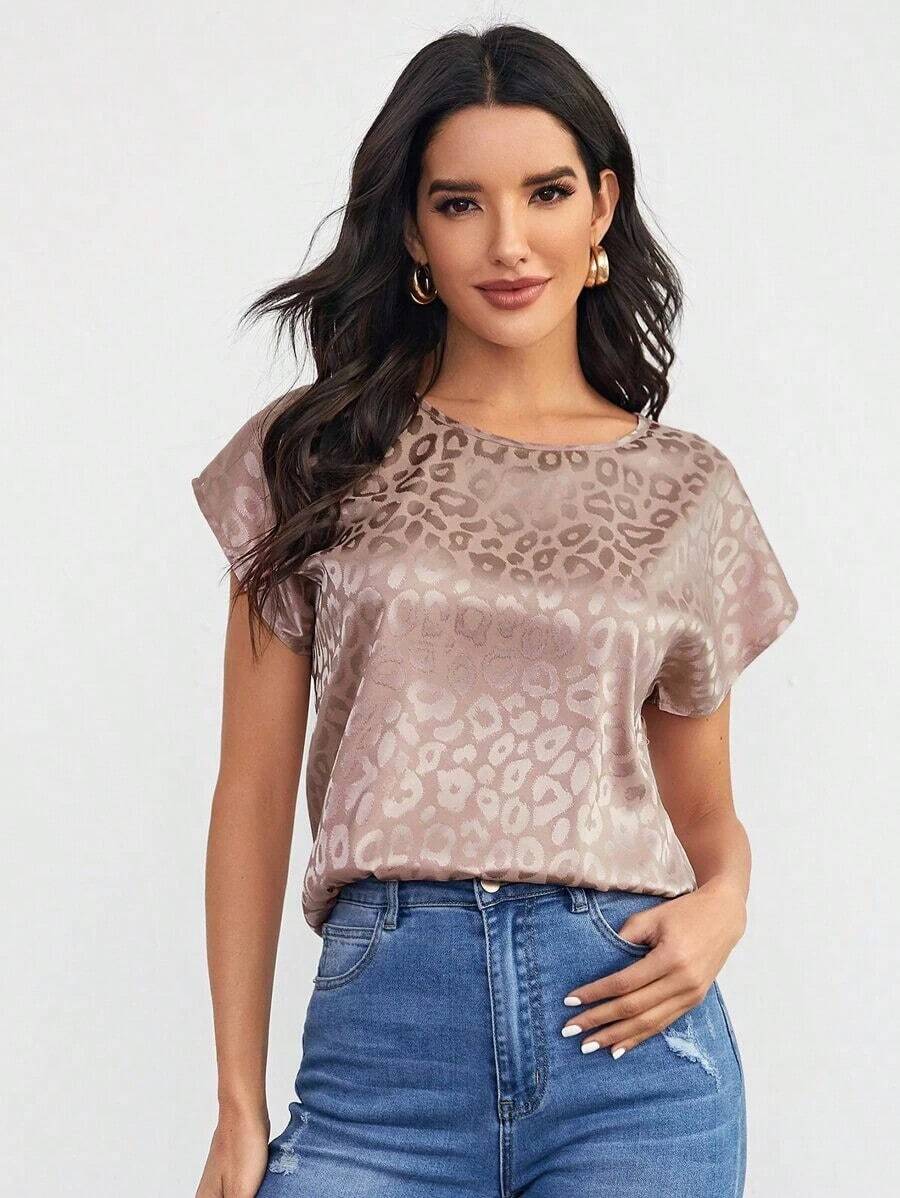 Clasi Top de manga murciélago de leopardo jacquard de satén - Rosa vieja - Ver 1