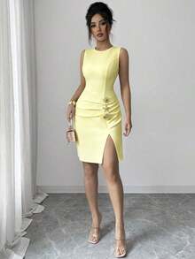 Vestido corto sin mangas de mujer de unicolor, elegante, con cuello redondo, plisado, con abertura en el bajo, con botones de metal con forma de estrella de mar y concha, adecuado para fiestas, citas, trabajo, uso diario, temporada de verano, graduación, vuelta al cole, Día del Maestro - Amarillo - Ver 6