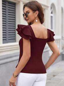 Camiseta casual de mujer de verano con cuello cuadrado, manga corta con volantes y unicolor - Rosa Roja - Ver 2