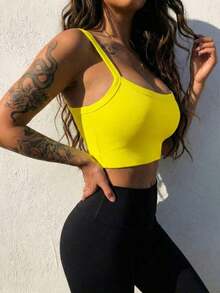 Camiseta corta de tirantes gruesos simple para mujer, adecuada para primavera y verano, estilo casual/streetwear/Y2K, se puede combinar con oficina/hogar/streetwear/discoteca, una opción ideal para blusas casuales de verano en color blanco - Amarillo - Ver 2