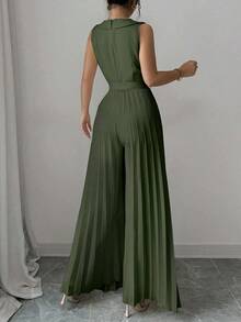 Mono elegante de mujer con diseño de doble botonadura y plisado en color albaricoque, para primavera y otoño - Verde - Ver 2