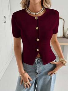Cárdigan casual de mujer de manga corta, cuello redondo, con botones delanteros, de unicolor y delgado - Burdeos - Ver 7