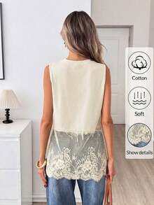 Top sin mangas de mujer con cuello redondo y dobladillo de encaje, primavera/verano - Albaricoque - Ver 4