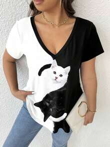 Camiseta de mujer de talla grande con cuello en V y estampado - Multicolor 2 - Ver 4