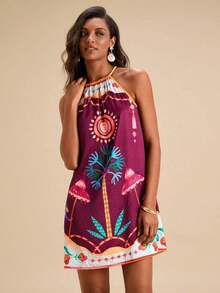 Vestido corto holgado con hombros al descubierto y estampado tejido para mujeres para vacaciones - Multicolor - Ver 4