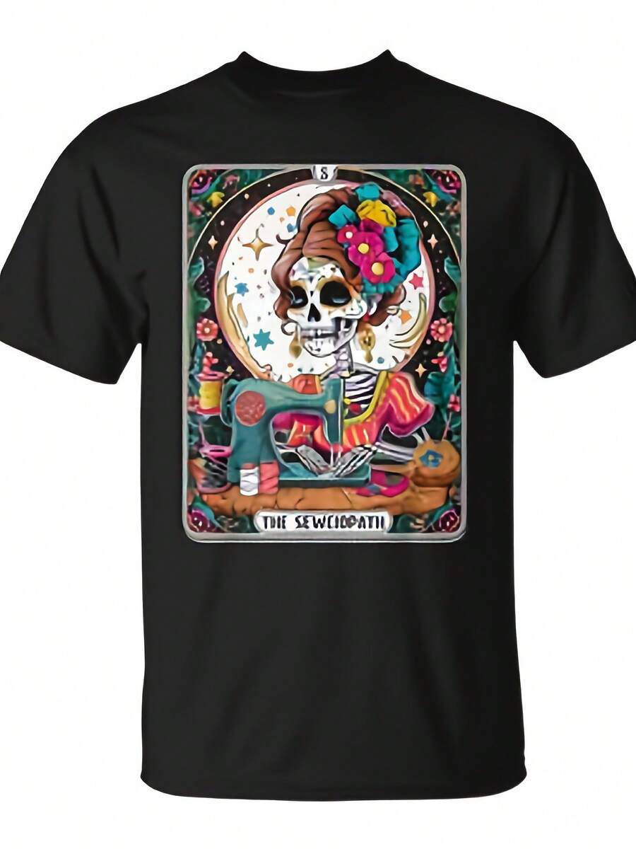Camiseta de mujer con estampado de calavera de costura y patólogo del tarot, unisex, para uso diario, novedad divertida de Navidad 2025, camiseta de hombre, ropa de calle de moda de verano, camiseta estampada informal, cómoda y de alta calidad, 100% algodón, 220g - Negro - Ver 1
