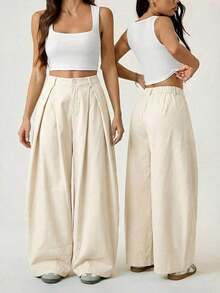 Pantalones anchos de verano con dobladillo curvo verde, estilo vintage, casual y para salir - Albaricoque - Ver 2