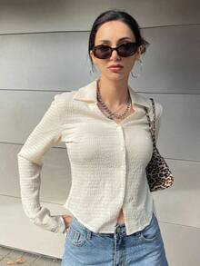 Camisa con botones delanteros sólidos, blusas de manga larga, ropa de otoño, blusas con estilo preppy - Beis - Ver 7
