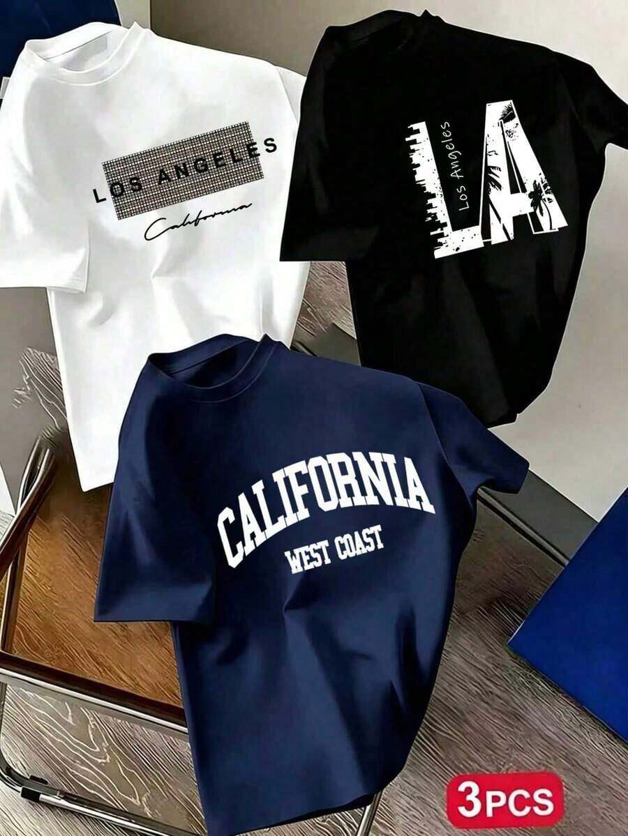 Set Of 3 Short-Sleeved Crew Neck T-Shirts With City Landmark Print, Suitable For Everyday Wear, Campus And Street Style For Kids, Summer Tops For Pre-Teen Boys - 白色 - 查看 1