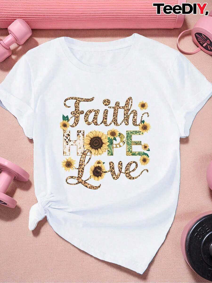 Camiseta de manga corta con cuello redondo para mujer, estampado de leopardo con diseño de girasol inglés, suave y con caída fluida, adecuada para uso diario, oficina, escuela, vacaciones, camping, de estilo versátil, que hace que tu verano sea más vibrante y colorido. - Blanco - Ver 1