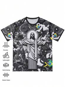 1pc Personalized Brazil Football Jersey For Men, Customized Logo Text Number, Quick-Dry Breathable Badminton Jersey Sports - Black - View 3