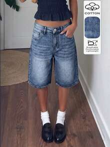 Retro Sweet Design Loose Casual 5-Inch Denim Shorts For Women - Dark Wash - View 2