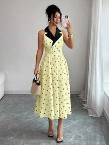 Vestido de verano de longitud media sin mangas con estampado de lunares, elegante y apropiado para ir al trabajo - Amarillo - Ver 4