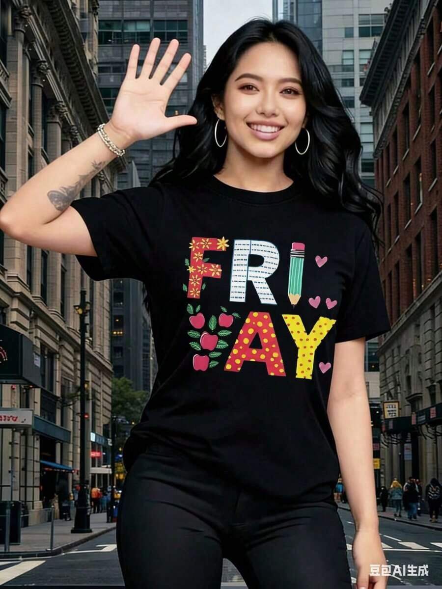 Women's Casual Short-Sleeve T-Shirt, T-Shirts With Interesting Prints, Beautiful Clothing. Graphic T-Shirt With Colorful Lettering And Fruit Pattern For Casual Wear. 100% Cotton. Durable. - 黑色 - 查看 1