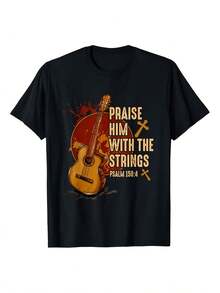 Camiseta de temática cristiana, hecha de tela de color sólido, con un diseño casual de cuello redondo. Muy adecuado para actividades al aire libre o viajes de ocio, cuenta con un tejido suav - Negro - Ver 7