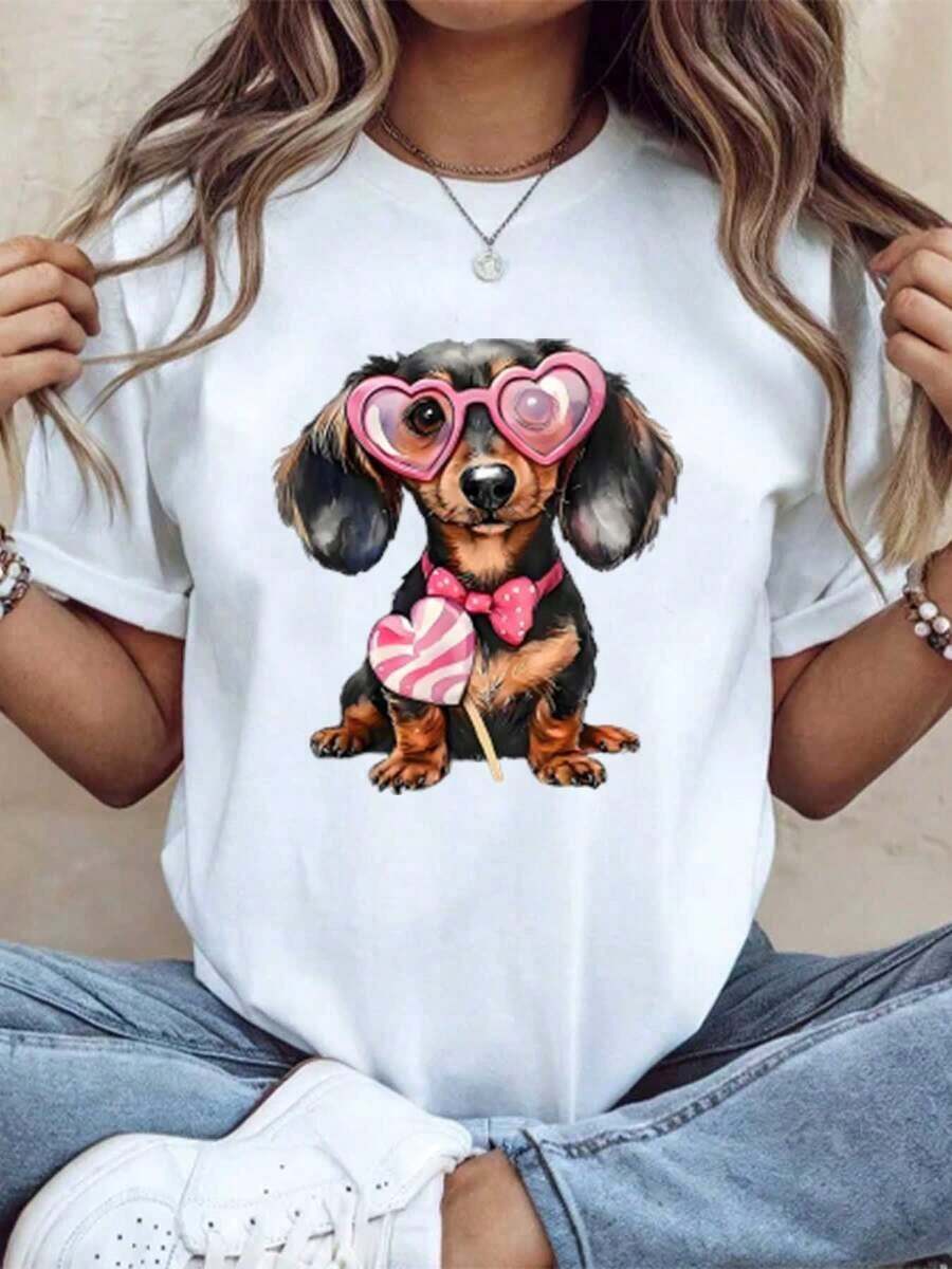 Unisex Casual Short-Sleeved T-Shirt With A Dachshund Design Featuring Heart-Shaped Glasses And Candy, Ideal As A Gift For Family And Friends. Comfortable Clothing For All Seasons, Suitable For Home Parties. - White - View 1