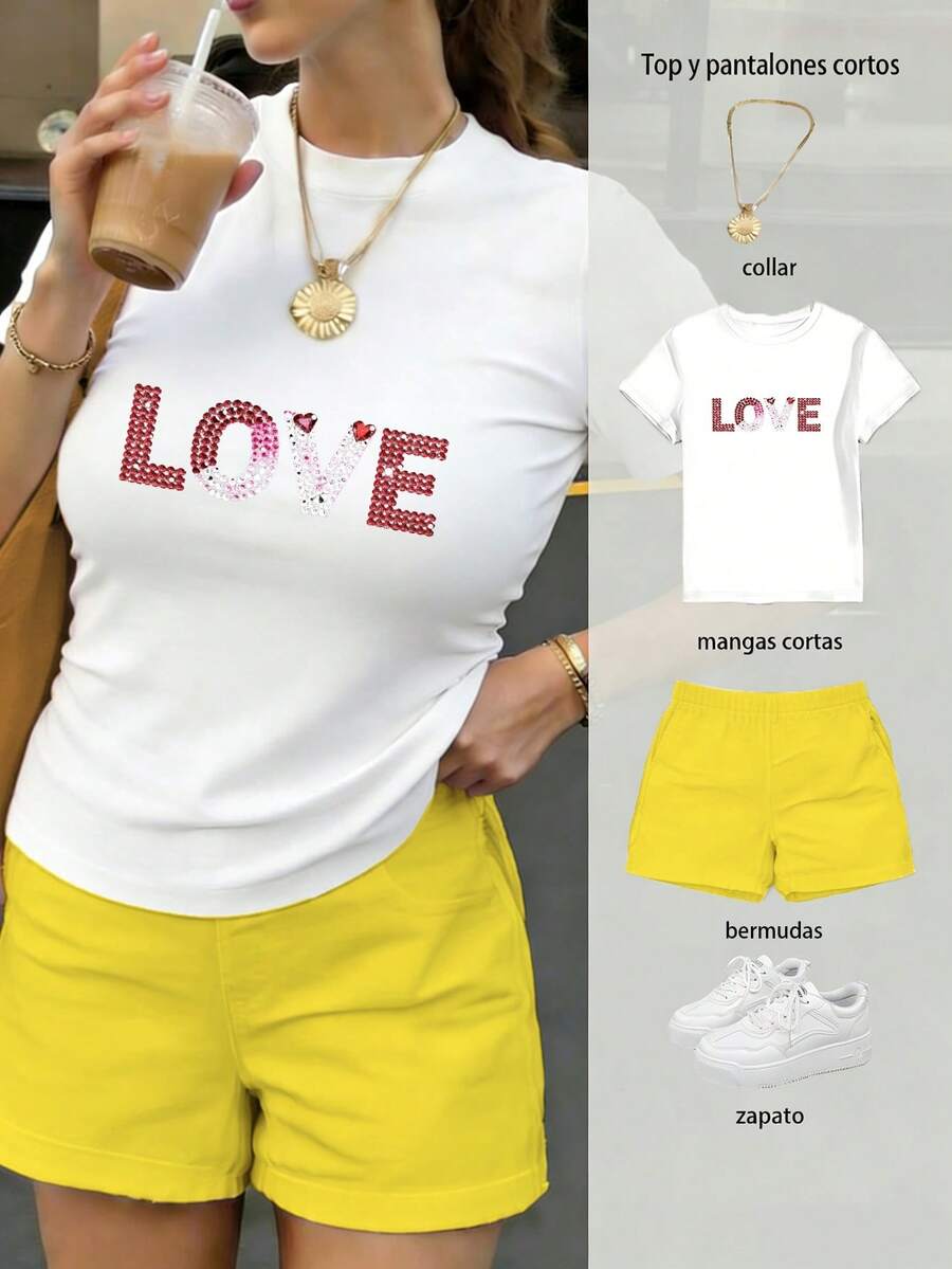 Conjunto de blusa y pantalones cortos para mujer, artesanía de estampado térmico de alta definición, patrón de letras LOVE con acabado brillante, color degradado rojo y rosa estilo elegante - Camiseta blanca + pantalón corto amarillo - Ver 1