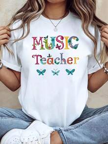 Women's Casual Short Sleeve Round Neck T-Shirt With Music Teacher Theme Print, Perfect For Daily Use By Teachers And For Looking Elegant. - 白色 - 查看 1