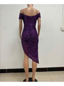 Women's Champagne-Colored Sequined Dress, Off-Shoulder Draped Design, Asymmetrical Side Slit, Stretchy Shiny Fabric Ideal For Summer Parties, Weddings As A Guest And Elegant Outdoor Dinners, Sexy Glamorous Style Perfect For Celebrations And Formal Events - 紫色 - 查看 3