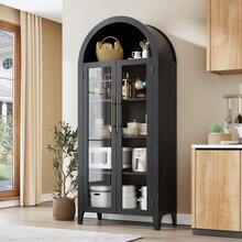 Gaderth Arched Kitchen Pantry Storage Cabinet - Farmhouse 5-Tier Display Shelf With 2 Large Glass Doors And Adjustable Shelf, Versatile Cupboard For Kitchen, Dining Room, Living Room - Black - View 1