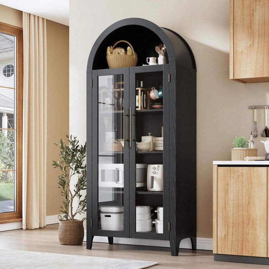 Gaderth Arched Kitchen Pantry Storage Cabinet - Farmhouse 5-Tier Display Shelf With 2 Large Glass Doors And Adjustable Shelf, Versatile Cupboard For Kitchen, Dining Room, Living Room - Black - View 1