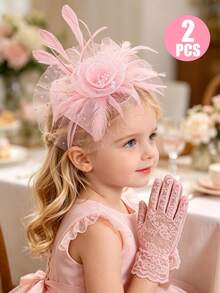 1 Set Tocado de plumas blancas + 1 Par de guantes de encaje para niñas, Conjunto de tocado y guantes elegantes para fiesta de té, Adecuado para Primera Comunión, Boda - Tocado y guantes - Ver 2