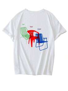 Nueva Colección de Verano: Camiseta Minimalista de Moda con Estampado de Silla de Plástico Eames de Tres Colores y Reposabrazos Altos, Cuello Redondo, Manga Corta, Casual, Versátil y Adecuada para Mujeres, Estilo Urbano Vintage, Unisex, de Algodón, Holgada, de Manga Corta y Cuello Redondo, blusas para mujer. blusas.blusas casuales para dama. - Blanco - Ver 3