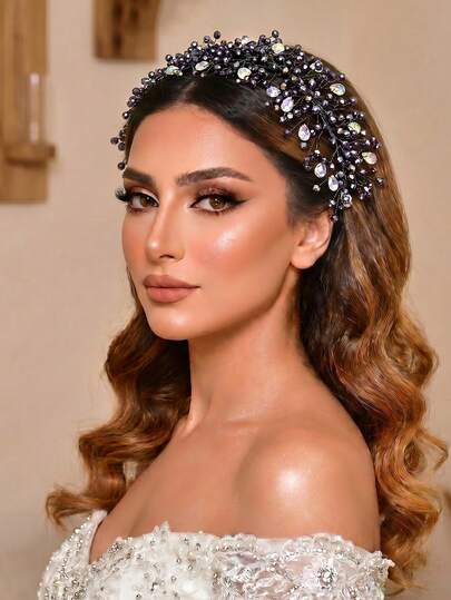 1pc Luxury Faux Crystal Decor Handmade Headband, Bridal Hair Accessory Suitable For Wedding, Party, Photography