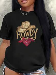 This Short-Sleeved Polyester T-Shirt, Featuring A Cowboy Hat And Bandana Design With The Word "Howdy," Is Lightweight And Durable, Perfect For Casual Wear At Home, In Restaurants, Or Outdoors. It's Comfortable And Has A Great Fit For Everyday Wear. The Printed Design Is Simple, Versatile, And Has A Relaxed Fit With A Fitted Crew Neck. - 白色 - 查看 7