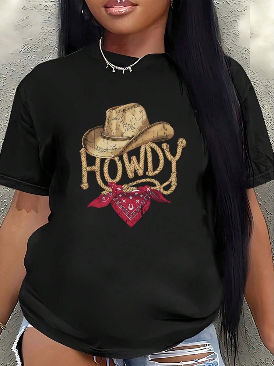 This Short-Sleeved Polyester T-Shirt, Featuring A Cowboy Hat And Bandana Design With The Word "Howdy," Is Lightweight And Durable, Perfect For Casual Wear At Home, In Restaurants, Or Outdoors. It's Comfortable And Has A Great Fit For Everyday Wear. The Printed Design Is Simple, Versatile, And Has A Relaxed Fit With A Fitted Crew Neck. - 黑色 - 查看 1