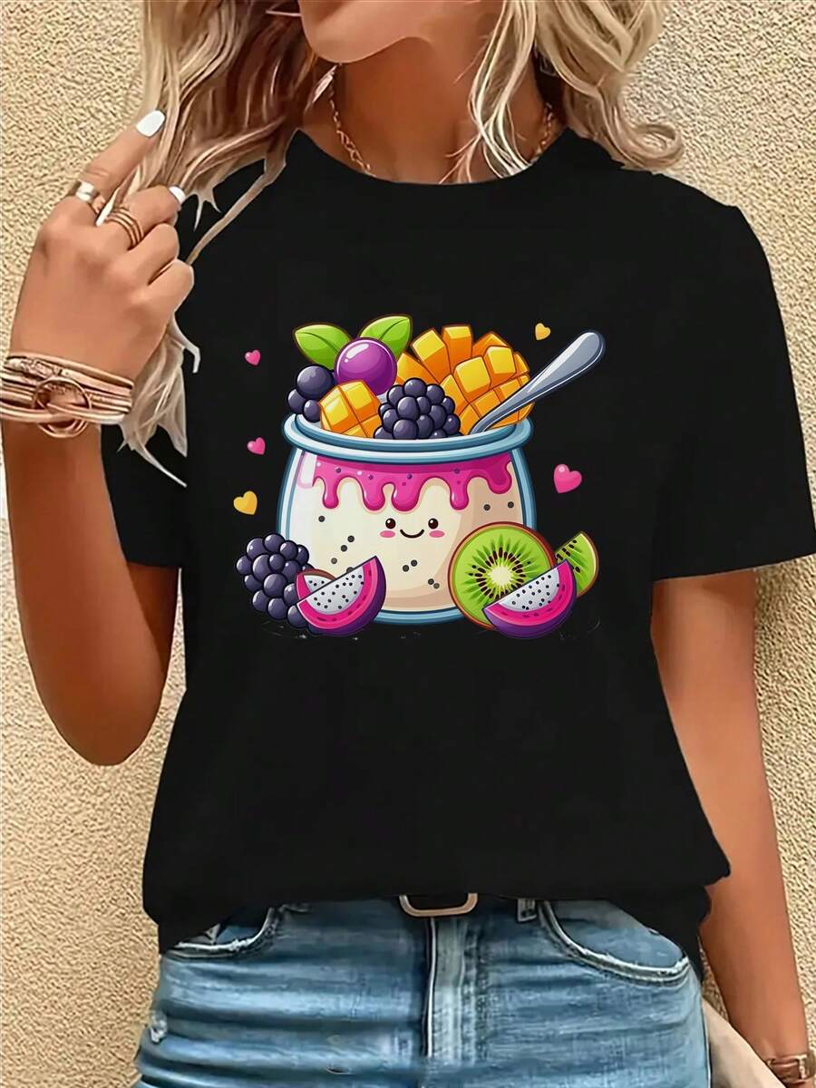 Women's Essential Casual Short Sleeve T-Shirt - Printed Design, Loose Round Neck, Breathable Medium Stretch Fabric, Machine Washable, Versatile Top For All Seasons, Suitable For Daily Wear, Fun Patterns, Comfortable Material, Modern Style, Soft Cotton For Everyday Wear. - 黑色 - 查看 1