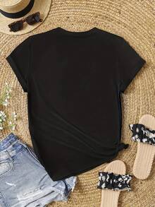 Women's Essential Casual T-Shirt, Comfortable And Versatile,  Short-Sleeved Crew Neck Tee For Ladies. Ideal For Valentine's Day, With A Fluorescent Green Letter Print, Made Of Soft Cotton For Everyday Wear. - 黑色 - 查看 3