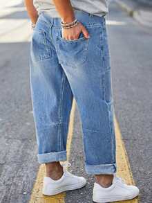 Fashion Non-Stretch Loose Plus Size Denim Jeans With Button Decoration Plus Size Long Pants Casual - Light Blue - View 2