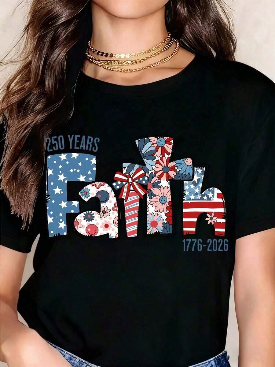 250 Years Of Faith 1776-2026 American Independence Day Patriotic T-Shirt With Floral And Flag Design For Women, Men, Unisex, Celebrate America's Freedom, Birthday Gift, Women's T-Shirts - 黑色 - 查看 1