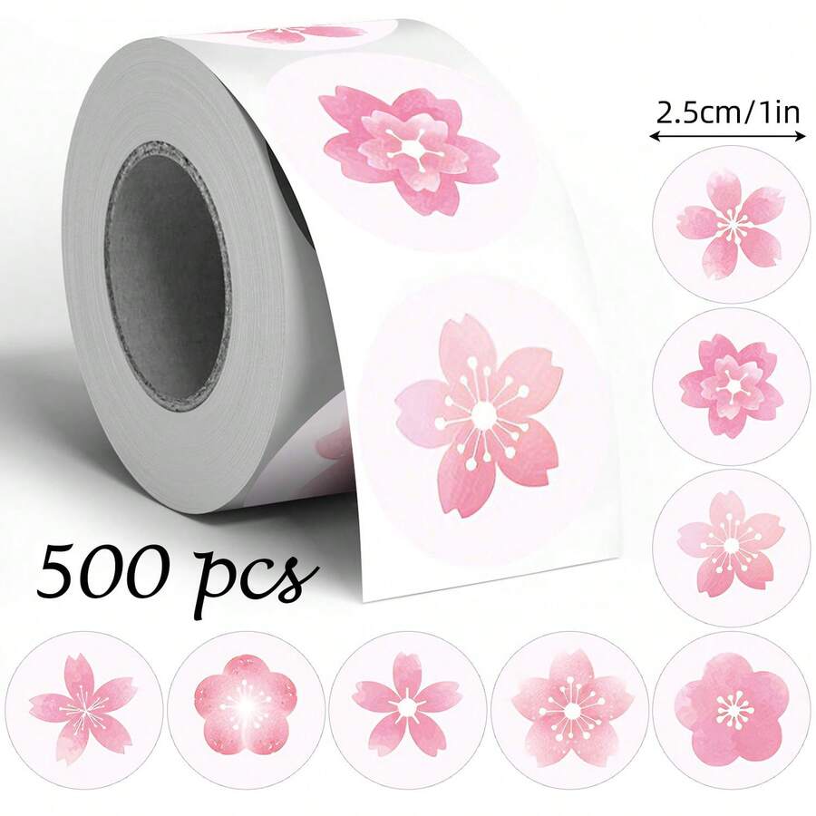 500pcs Small Cherry Blossom Doodle Roll Stickers, 1 Inch Round 8 Patterns, Floral Sealing Labels For Envelopes, Magazines, Phone Cases, Water Bottles, Computer Helmets, Scrapbooks, DIY Decoration, Holiday Party Gift Packaging, PVC Self-Adhesive Seal Stickers - Cartoon Sakura - View 1
