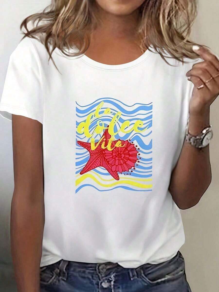 Premium Quality Women's Short-Sleeved Cotton T-Shirt With A Printed Design, Casual And Fitted. The Shirt Features A Beautiful Hawaiian-Style Floral And Starfish Design, Is Soft And Comfortable, And Is A Versatile Garment Suitable For Everyday Wear. . - 白色 - 查看 1