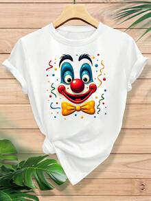 Women's T-Shirt With Cartoon Clown Head Print And Colorful Paper Print, Fashionable And Stylish Casual Sporty Style For Spring, Summer And Autumn, Soft And Comfortable, Round Neck And Short Sleeve, Available In Sizes S-XXL - White - View 1